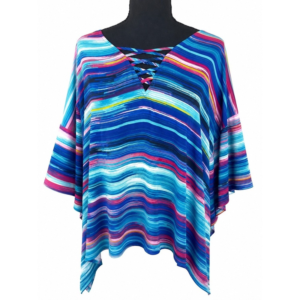 Catherines 4X 30/32W Multicolor Striped Poncho Tunic Top Lattice Neck Plus Size